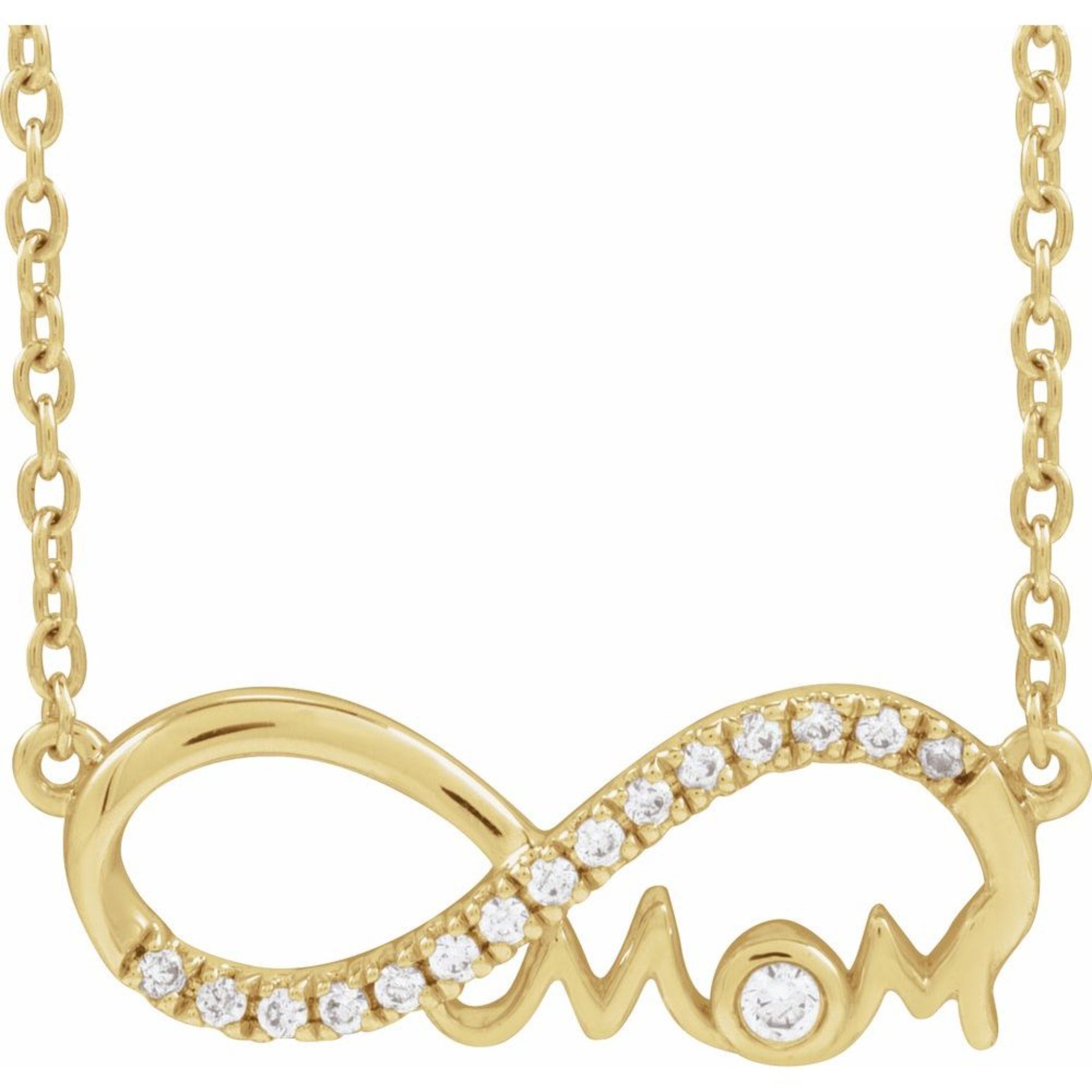 Gold necklace with 'mom' and infinity symbol pendant on a white background