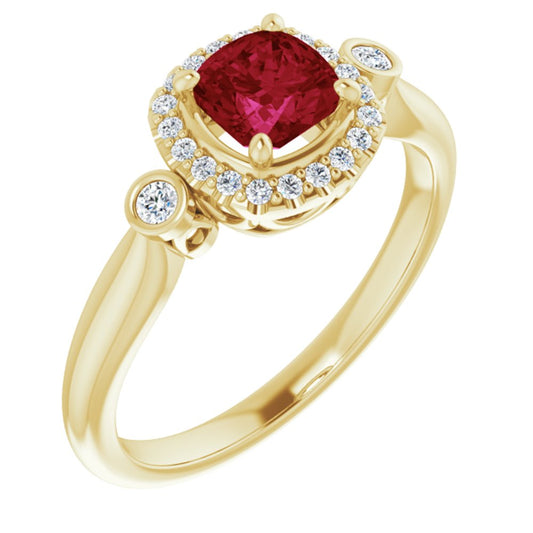 14K Yellow Lab-Grown Ruby & 1/6 CTW Natural Diamond Ring